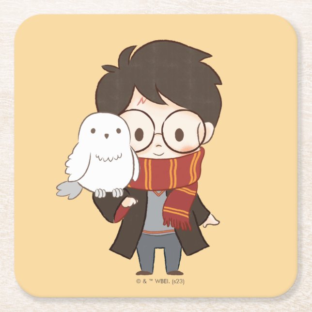 Posavasos Cuadrado De Papel Chibi HARRY POTTER™ & Hedwig (Anverso)