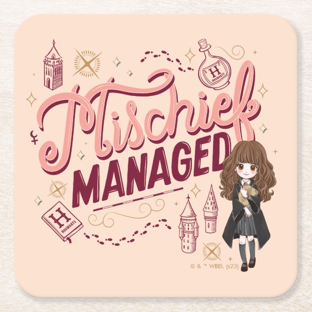 Posavasos Cuadrado De Papel Chibi Hermione "Mischief Managed" (Anverso)