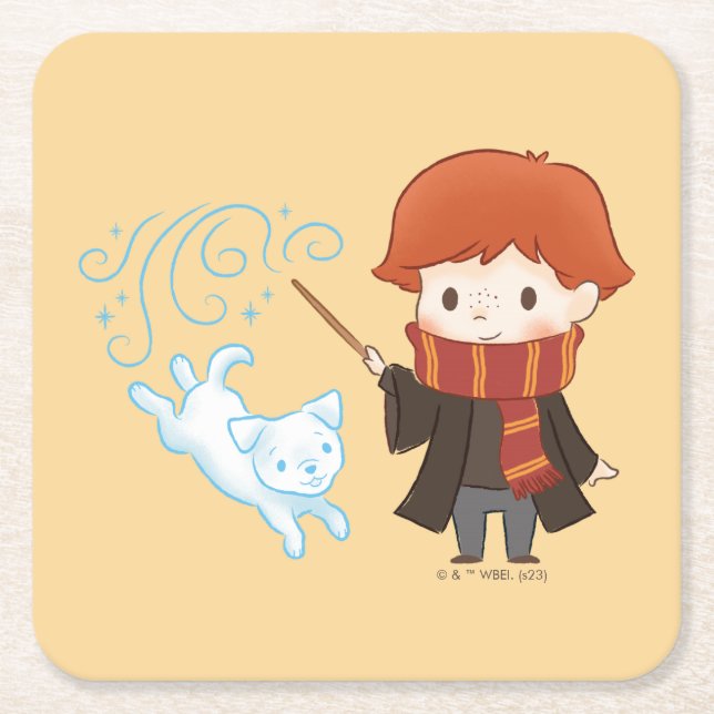 Posavasos Cuadrado De Papel Chibi Ron Weasley Patronus (Anverso)