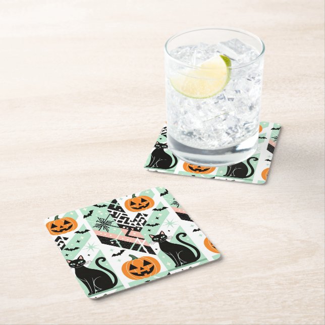 Posavasos Cuadrado De Papel Chic Geometric Pastel Black Cat Pumpkin Halloween (In situ)