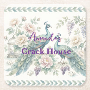 Posavasos Cuadrado De Papel Chic personalizado Chinoiserie Pavo Real Mahjong