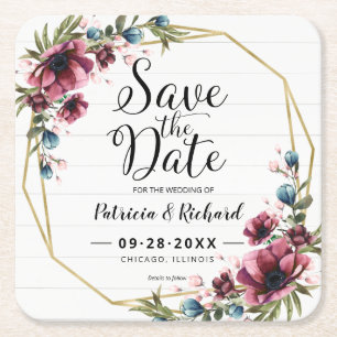 Posavasos Cuadrado De Papel Chic Rústico Floral Burgundy Save The Date