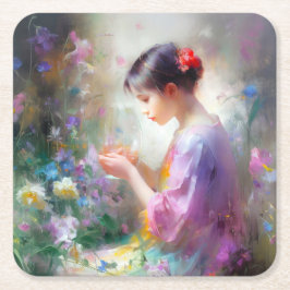 Posavasos Cuadrado De Papel Chica admirando una flor en sus manos