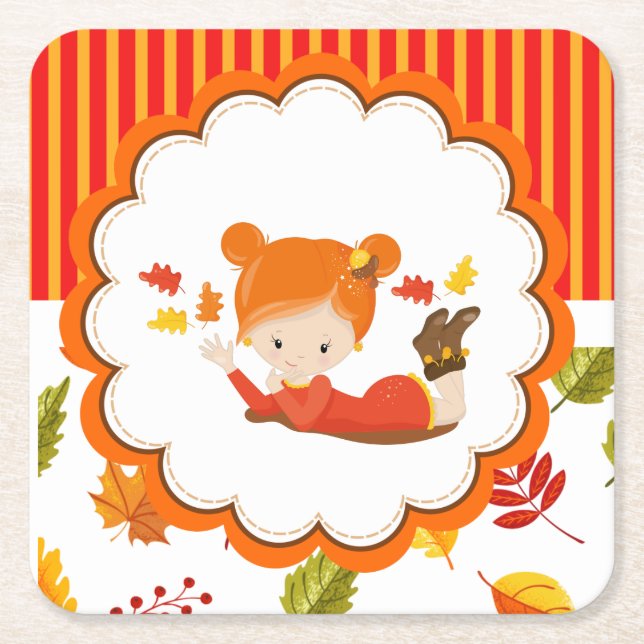 Posavasos Cuadrado De Papel Chica Adorable De Otoño Pintado A Mano (Anverso)