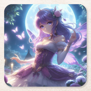 Posavasos Cuadrado De Papel Chica Anime Ala de Mariposa Violeta Hada de la Lun