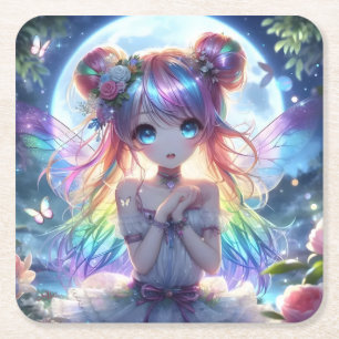 Posavasos Cuadrado De Papel Chica Anime Cabello Arcoíris Cantando Hada Luna