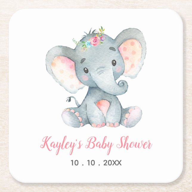 Posavasos Cuadrado De Papel Chica Baby Shower Coasters (Elephant Pink) (Anverso)