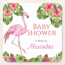 Posavasos Cuadrado De Papel Chica Baby Shower Pink Flamingo Tropical Wildlife