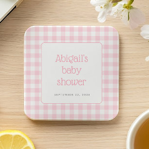 Posavasos Cuadrado De Papel Chica Baby Shower Rústico de Cuadros Rosa