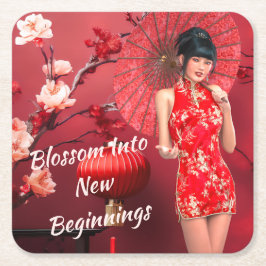 Posavasos Cuadrado De Papel Chica chino de Año Nuevo con un paraguas rojo