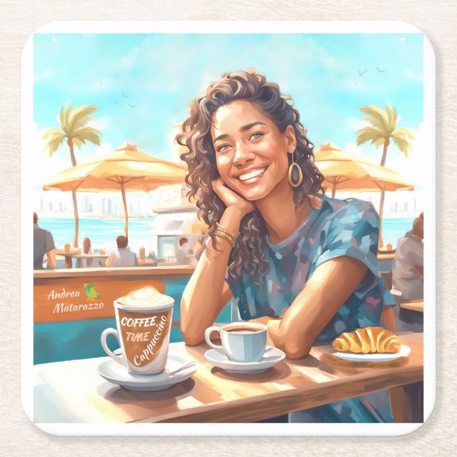 Posavasos Cuadrado De Papel Chica con pausa para café (Anverso)