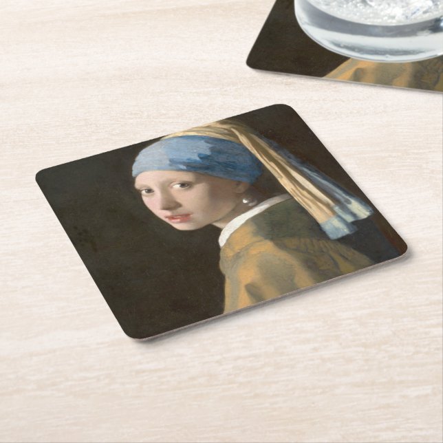 Posavasos Cuadrado De Papel Chica con Pearl Earring (En perspectiva)