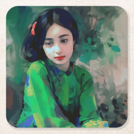 Posavasos Cuadrado De Papel Chica con vestido verde