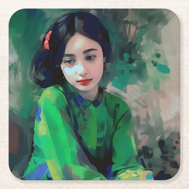 Posavasos Cuadrado De Papel Chica con vestido verde (Anverso)