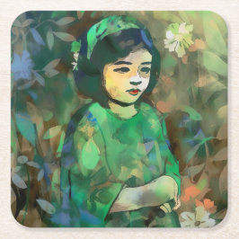 Posavasos Cuadrado De Papel Chica con vestido verde