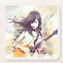 Posavasos Cuadrado De Papel Chica con vibraciones de música rock