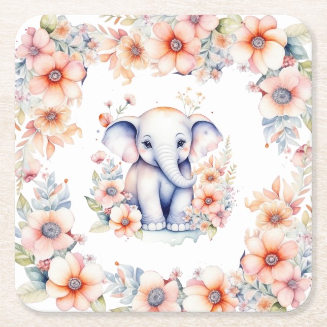 Posavasos Cuadrado De Papel Chica Cute Baby Elephant (Anverso)