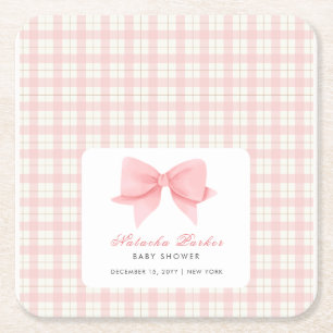 Posavasos Cuadrado De Papel Chica Cute Pink Gingham Plaid Bow Baby Shower
