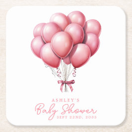 Posavasos Cuadrado De Papel Chica de acuarela de globos rosados Baby Shower