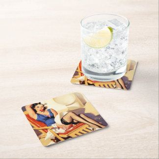 Posavasos Cuadrado De Papel Chica de anclaje retro de barco de crucero Elvgren