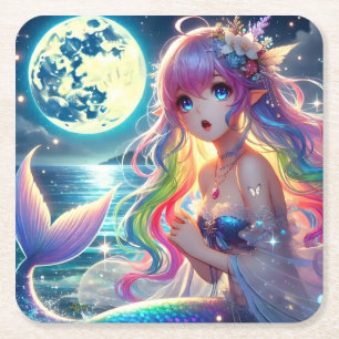 Posavasos Cuadrado De Papel Chica de Anime Cantando Pixie de Luz de Luna Siren