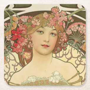 Posavasos Cuadrado De Papel Chica de champagne Alphonse Mucha