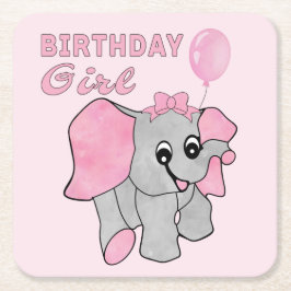 Posavasos Cuadrado De Papel Chica de cumpleaños elefante bebé rosa