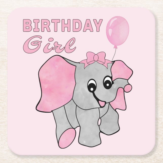 Posavasos Cuadrado De Papel Chica de cumpleaños elefante bebé rosa (Anverso)