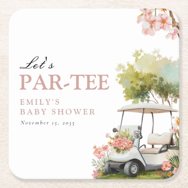Posavasos Cuadrado De Papel Chica de ducha de bebé de golf Let's Par-tee (Anverso)