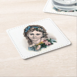 Posavasos Cuadrado De Papel Chica de flores victoriana de época