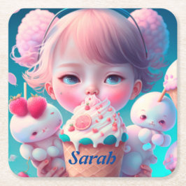 Posavasos Cuadrado De Papel Chica de helados de Kawaii