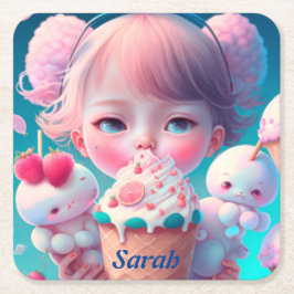 Posavasos Cuadrado De Papel Chica de helados de Kawaii