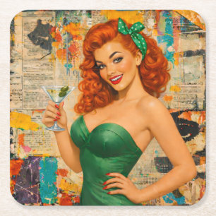 Posavasos Cuadrado De Papel Chica de Martini Pin-Up Pelirroja Vintage – Glamou