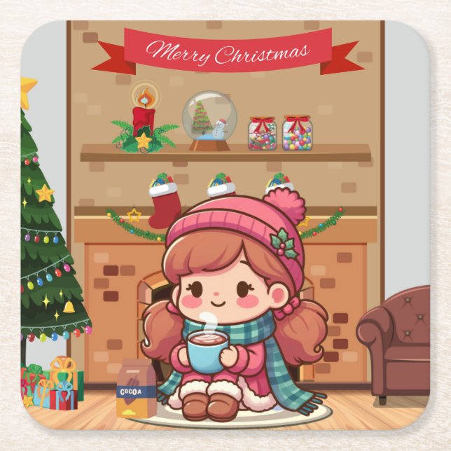 Posavasos Cuadrado De Papel Chica de navidad dulce con cacao (Anverso)