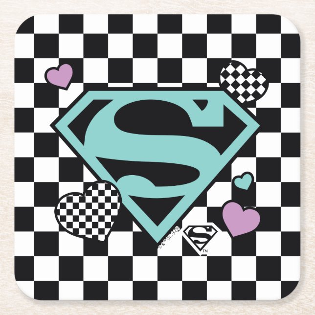 Posavasos Cuadrado De Papel Chica de patinaje Supergirl Hearts S-Shield (Anverso)