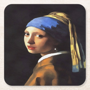 Posavasos Cuadrado De Papel Chica de Perla tras Johannes Vermeer