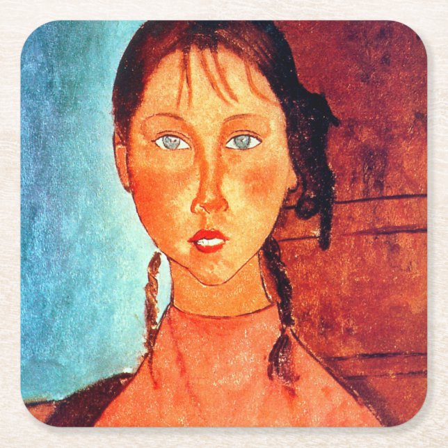 Posavasos Cuadrado De Papel Chica de Pigtails, Modigliani (Anverso)