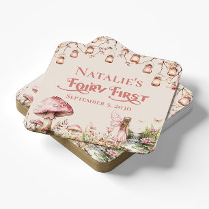 Posavasos Cuadrado De Papel Chica del primer tema de hadas Personalizado Fiest