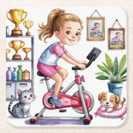 Posavasos Cuadrado De Papel Chica Ejercicio Bicicleta Juego de Pascua
