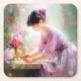 Posavasos Cuadrado De Papel Chica en el Jardín de las Flores