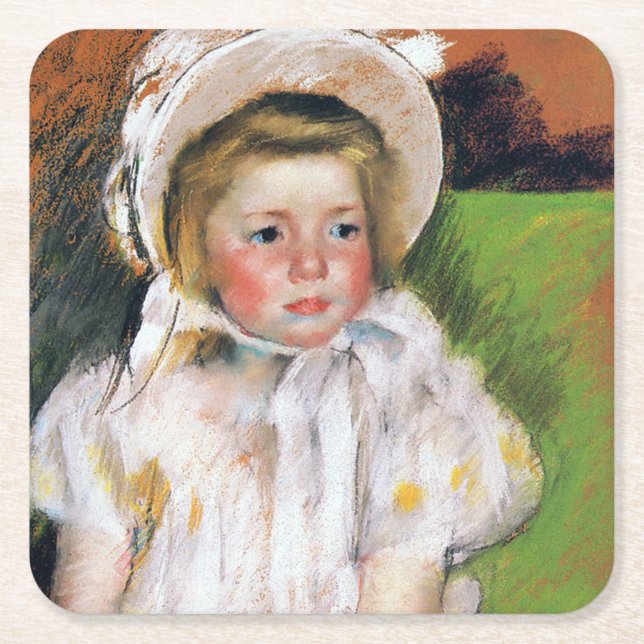Posavasos Cuadrado De Papel Chica en un bonnet blanco, Mary Cassatt (Anverso)
