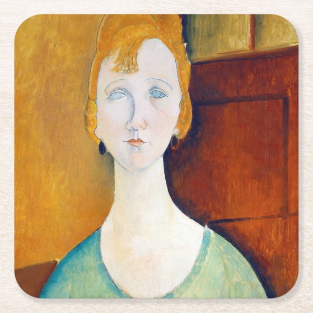 Posavasos Cuadrado De Papel Chica en una blusa verde, Modigliani (Anverso)