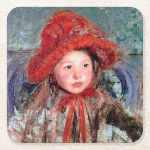 Posavasos Cuadrado De Papel Chica en una gran Gorra roja, Mary Cassatt