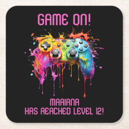 Posavasos Cuadrado De Papel Chica Gamer Fiesta de videojuegos rosado