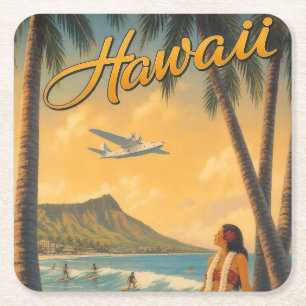 Posavasos Cuadrado De Papel Chica Hula Hawaiana Vintage Escape Paradisíaco Alo