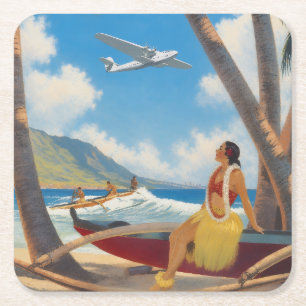 Posavasos Cuadrado De Papel Chica Hula Hawaiana Vintage Escape Paradisíaco Alo