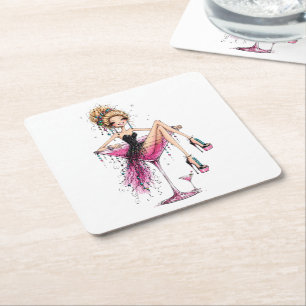Posavasos Cuadrado De Papel Chica linda y coqueta en una copa de Martini