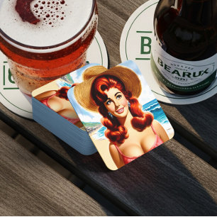 Posavasos Cuadrado De Papel Chica pin-up de verano vintage