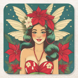 Posavasos Cuadrado De Papel Chica Pin-Up Retro de Navidad Tropical de los 50