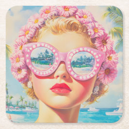 Posavasos Cuadrado De Papel Chica Retro Beach con gafas de sol florales